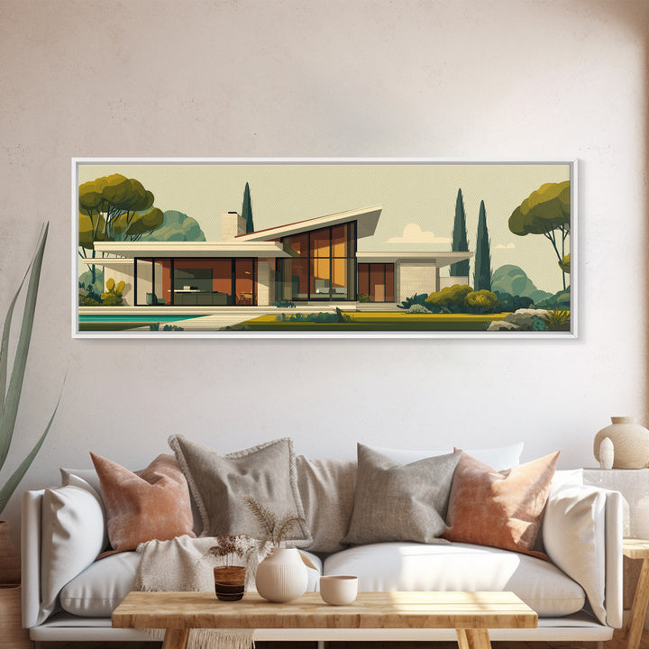 Angular Mid Century Modern House Wall Art, Retro Architecture Poster, Scandinavian Modern Home Decor Framed Canvas Print