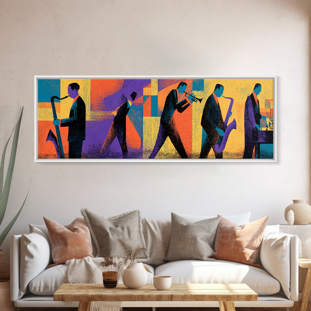 Graphic Jazz Musicians Canvas Print, Midcentury Modern Wall Art, Colorful Abstract Music Poster, Retro Home Office Decor