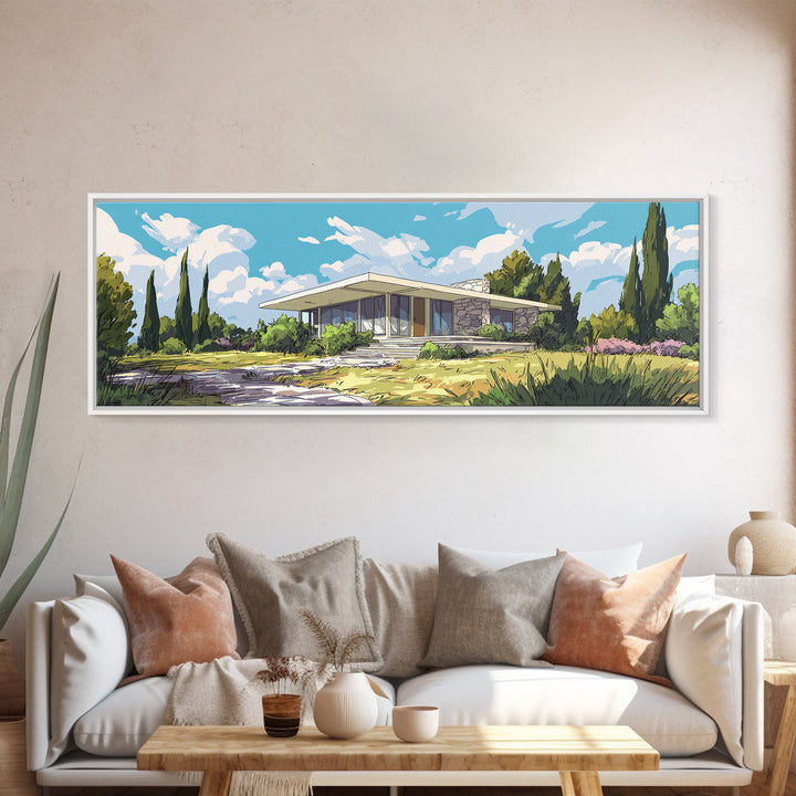 Modernist Garden Ranch House Wall Art, Mid Century Modern Architecture Poster, MCM Home Decor Landscape Framed Canvas Print