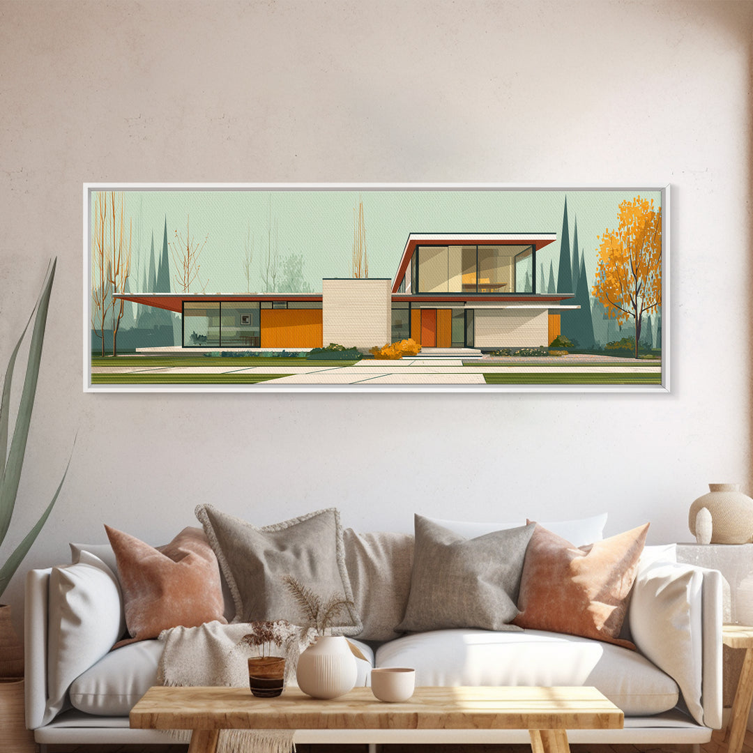 Midcentury Glass House Autumn Landscape Wall Art, Modern Architecture Print, MCM Decor, Retro Home Decor, Large Canvas Print