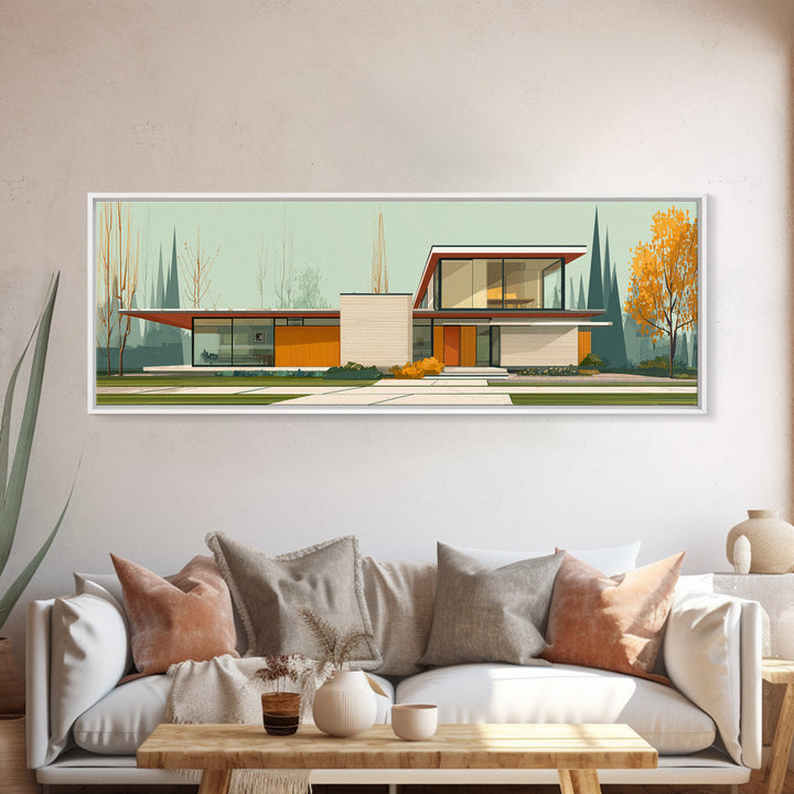 Midcentury Glass House Autumn Landscape Wall Art, Modern Architecture Print, MCM Decor, Retro Home Decor, Large Canvas Print