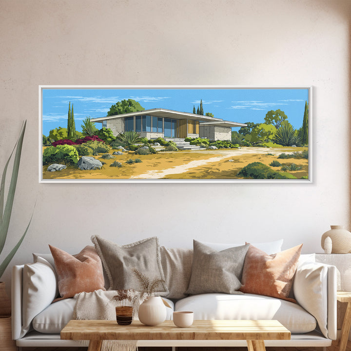 Desert Modern House With Garden Path Canvas Print, Midcentury Architecture Wall Decor, California Poster, MCM Home Art Print