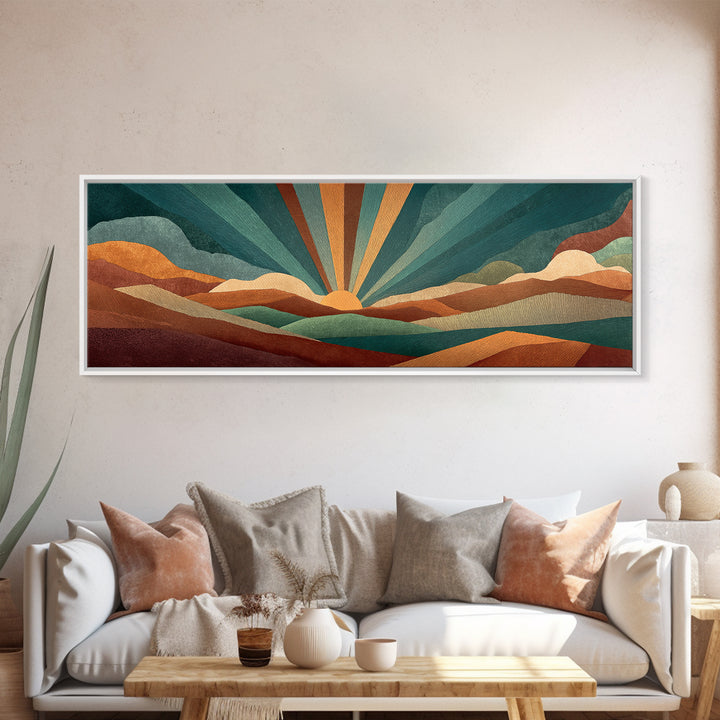 Teal And Burnt Orange Mountain Sunrise Canvas Print, Midcentury Abstract Wall Art, Modern Retro Decor, Boho Desert Poster