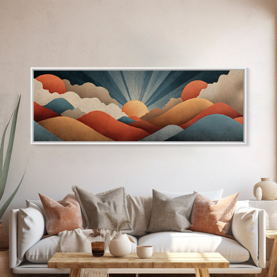 Textured Sun And Twin Clouds Over Rolling Hills Wall Art, Midcentury Modern Print, Retro Earth Tone Decor, Abstract Canvas