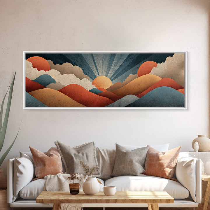 Textured Sun And Twin Clouds Over Rolling Hills Wall Art, Midcentury Modern Print, Retro Earth Tone Decor, Abstract Canvas