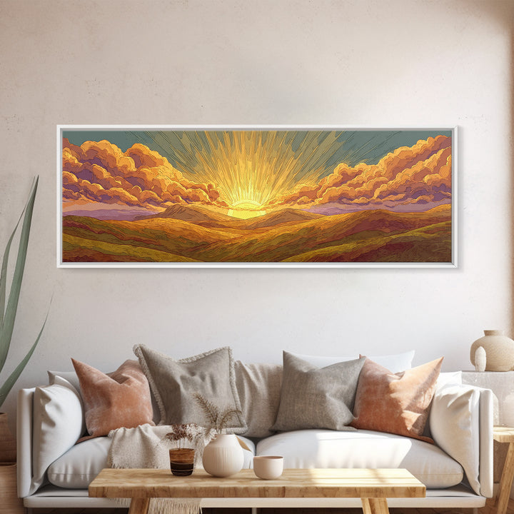 Golden Sunrise Over Desert Valley Framed Canvas Print, Retro Landscape Wall Art, Midcentury Modern Decor, Warm Boho Poster
