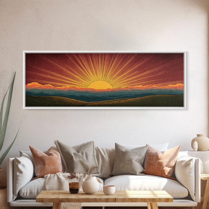 Radiant Orange Sunset Behind Blue Mountains Canvas Print, Midcentury Sun Wall Art, Retro Landscape Decor, MCM Home Poster