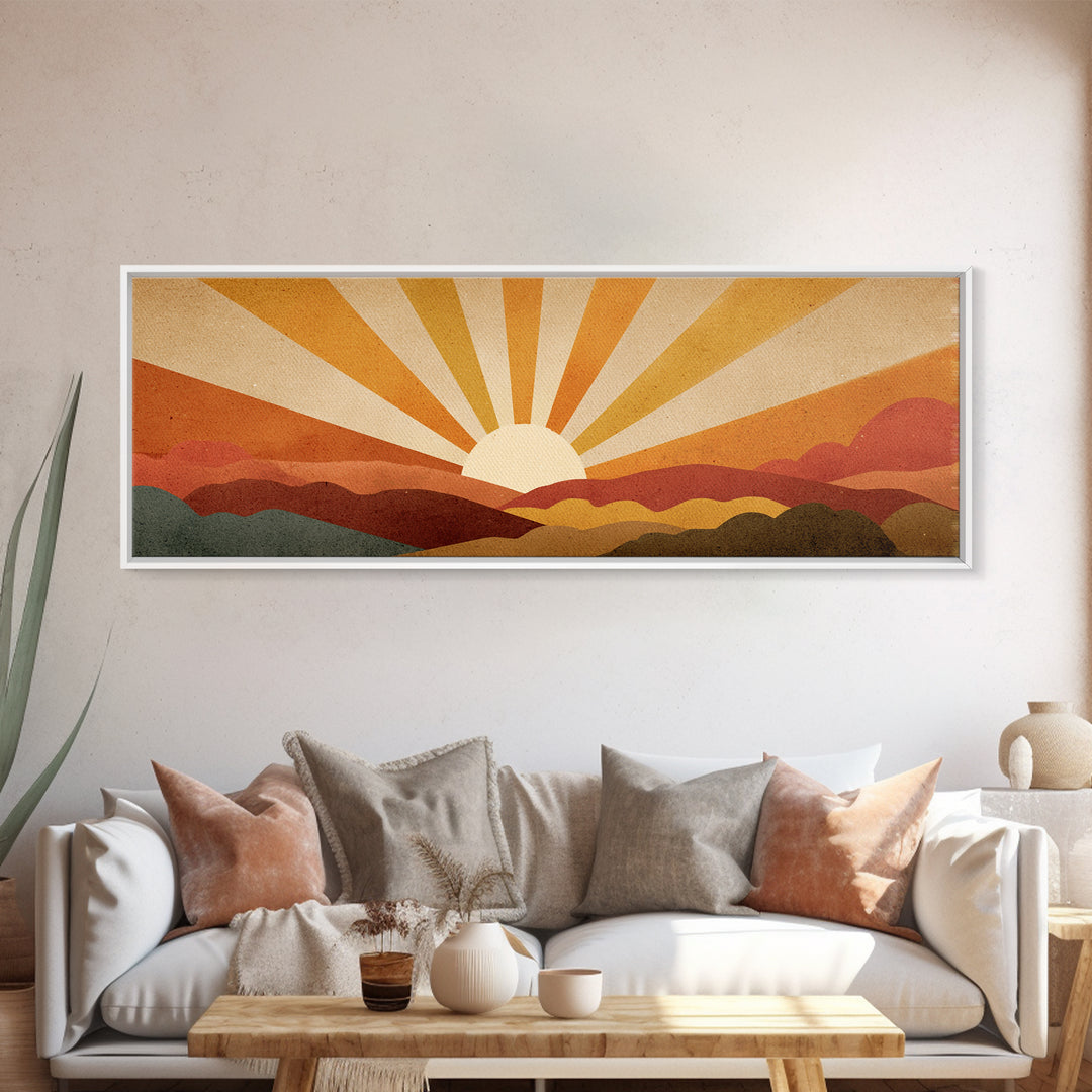 Warm Orange Sun Rays Over Abstract Hills Wall Art, Midcentury Modern Print, Retro Desert Decor, Minimalist Canvas Poster