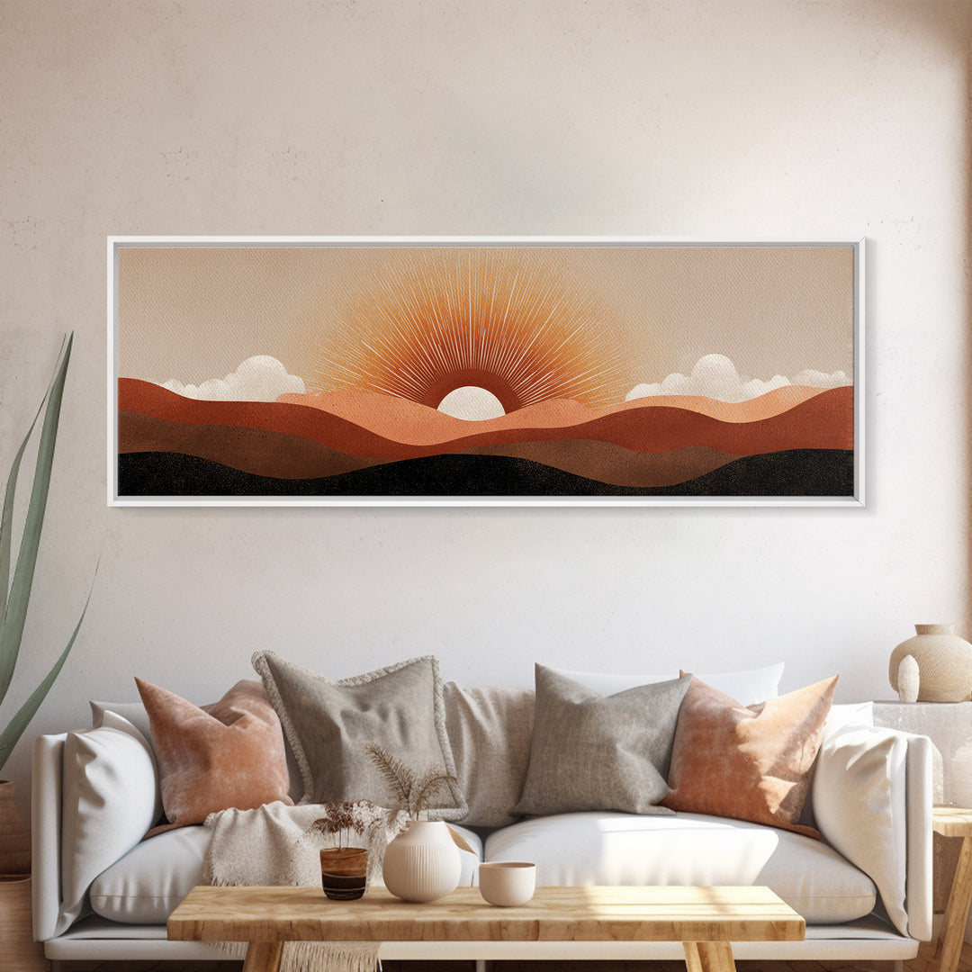 Minimalist Half Sun Over Layered Desert Hills Canvas Print, Midcentury Wall Art, Neutral Retro Decor, Boho Abstract Poster