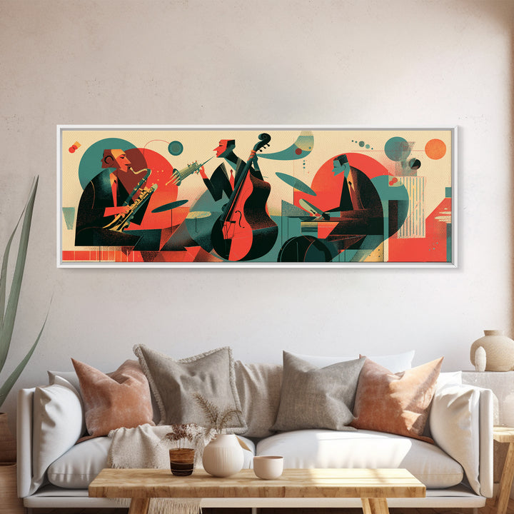 Retro Jazz Club Trio Canvas Print, Midcentury Modern Wall Art, Atomic Music Poster, Bold Abstract Colorful Living Room Decor