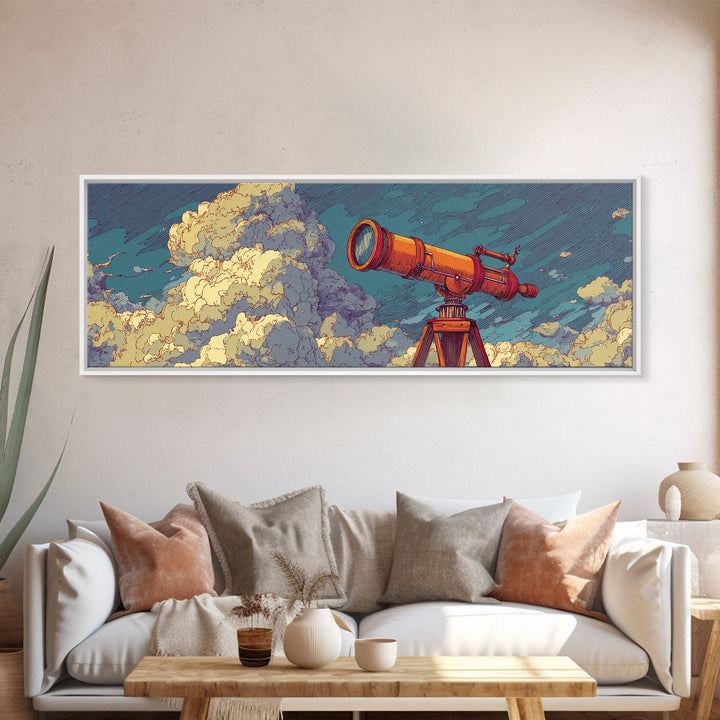 Orange Telescope In Clouds Wall Art, Retro Astronomy Poster, Midcentury Modern Art, Space Abstract Art, Office Decor, MCM Print