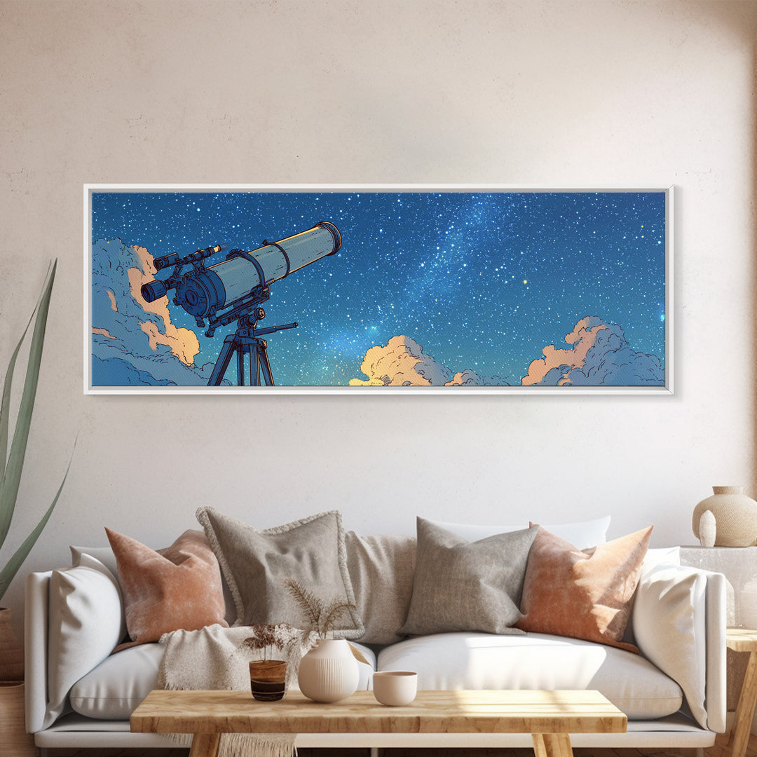 Blue Night Telescope And Stars Canvas Print, Retro Space Poster, Midcentury Wall Art, Astronomy Decor, Modern Art Print, MCM