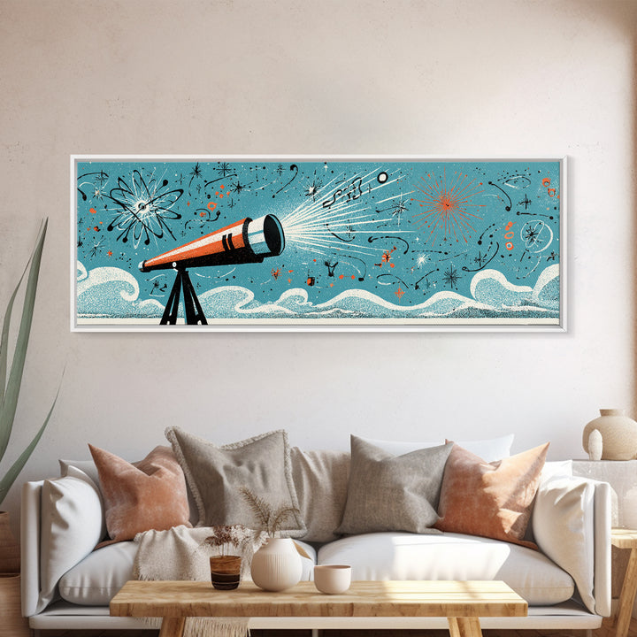 Retro Telescope Beam With Atomic Doodles Wall Art, Midcentury Modern Art, Space Poster, Geometric Wall Decor, Colorful MCM Print