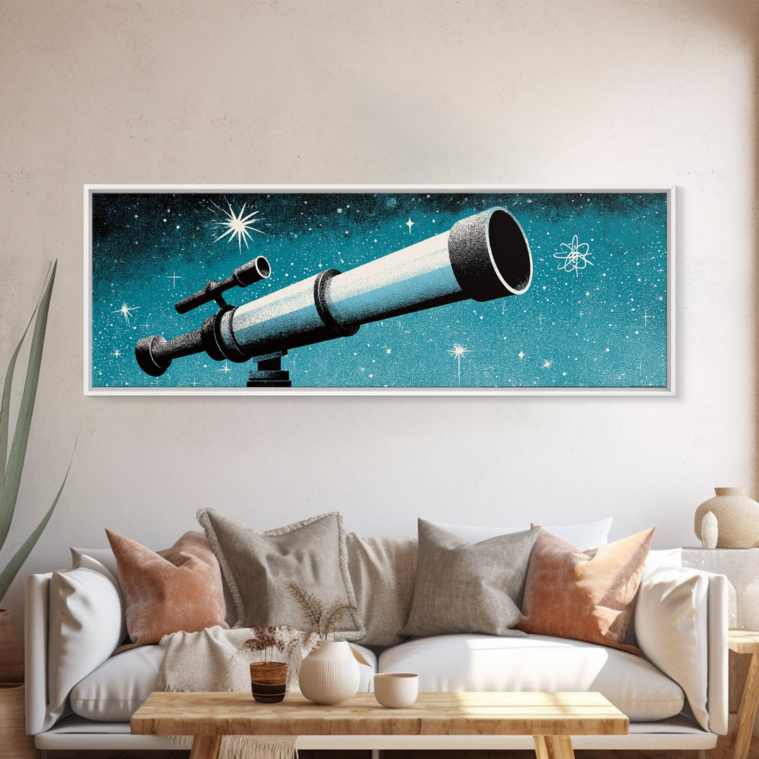 Close Up Blue Telescope Framed Canvas Print, Retro Astronomy Wall Art, Midcentury Modern Decor, Starry Space Poster, Office Art