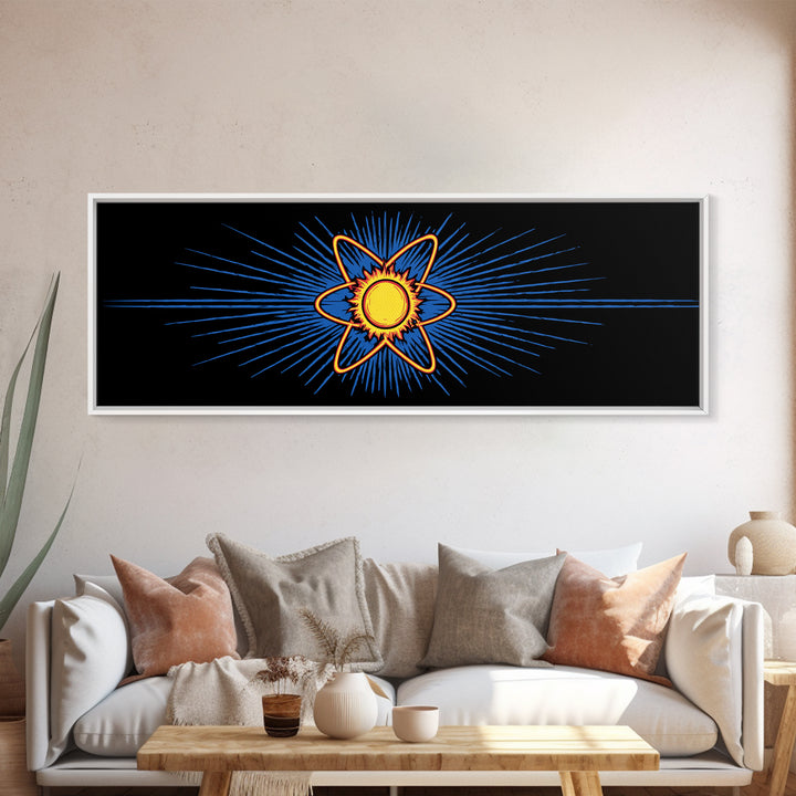 Glowing Atom With Blue Rays Wall Art, Atomic Retro Poster, Midcentury Modern Decor, Space Abstract Art, Geometric MCM Print