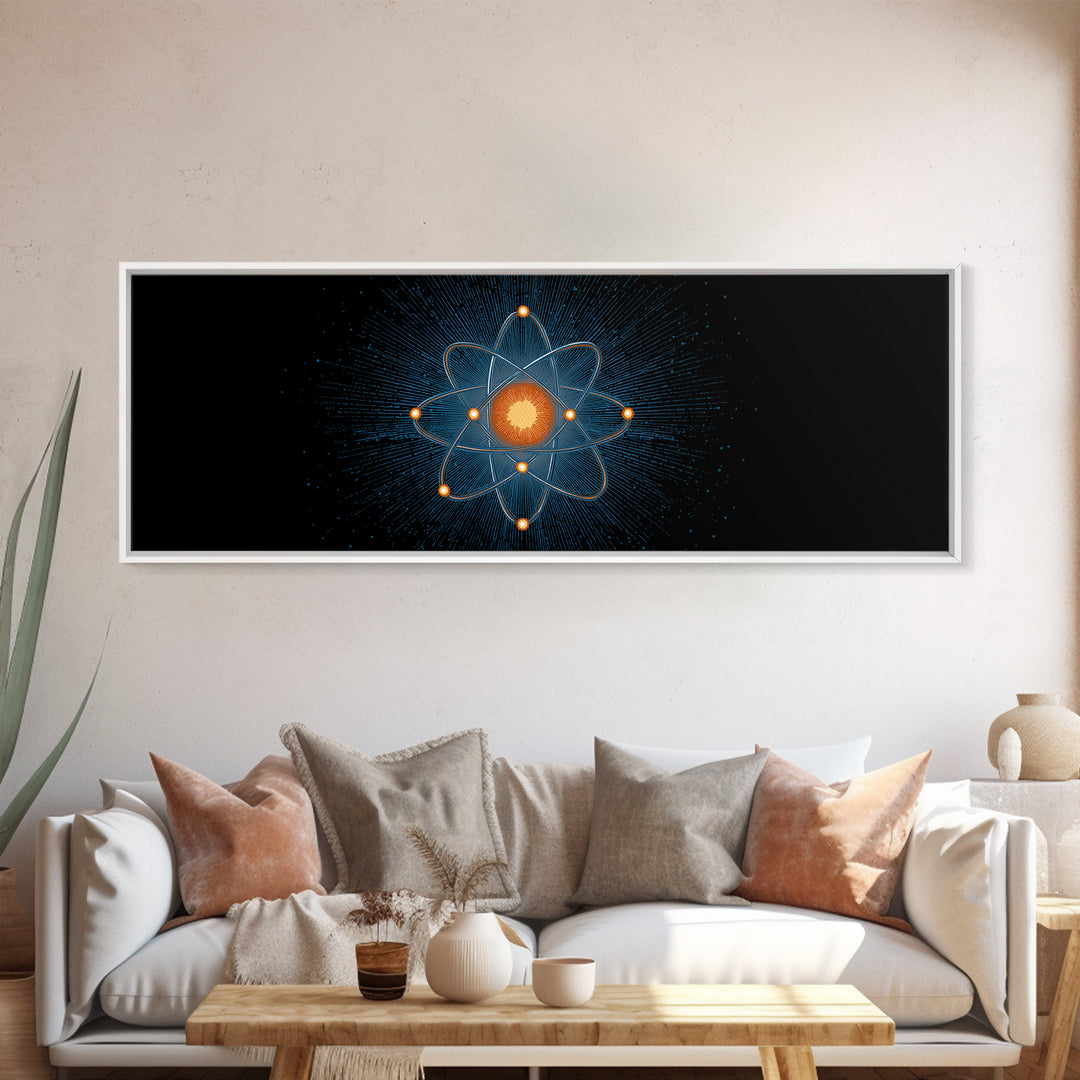 Blue Particle Atom With Orange Core Wall Art, Retro Science Poster, Midcentury Modern Decor, Space Abstract Art, MCM Print