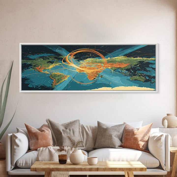 World Map With Orbital Energy Rings Framed Canvas Print, Retro Futurist Wall Art, Modern Abstract Art, Office Decor, MCM