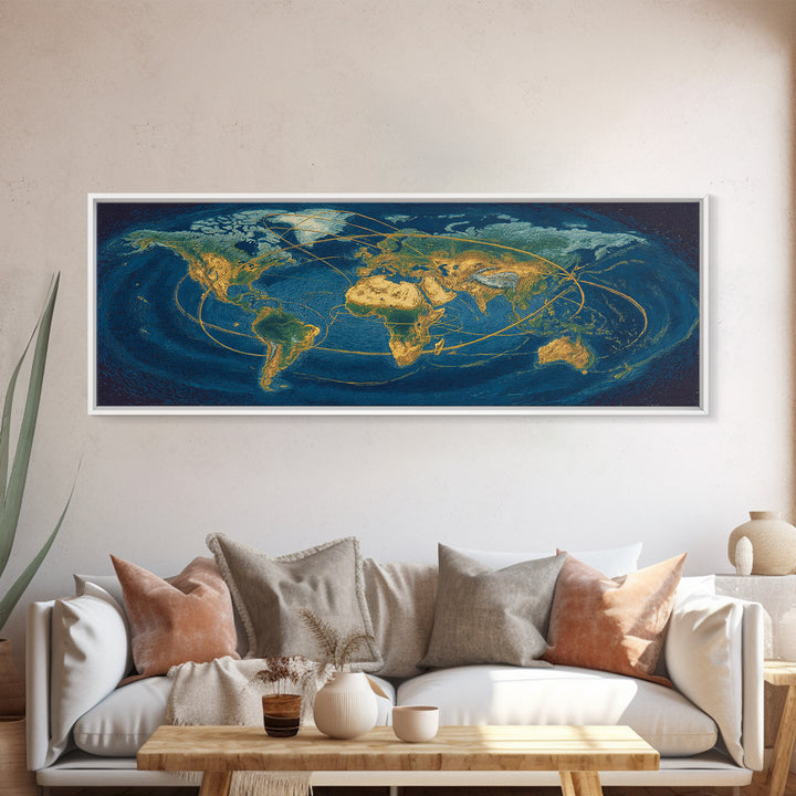 Golden World Map With Orbital Routes Wall Art, Panoramic Modern Art Print, Travel Wall Decor, Office Decor, Blue Gold Poster