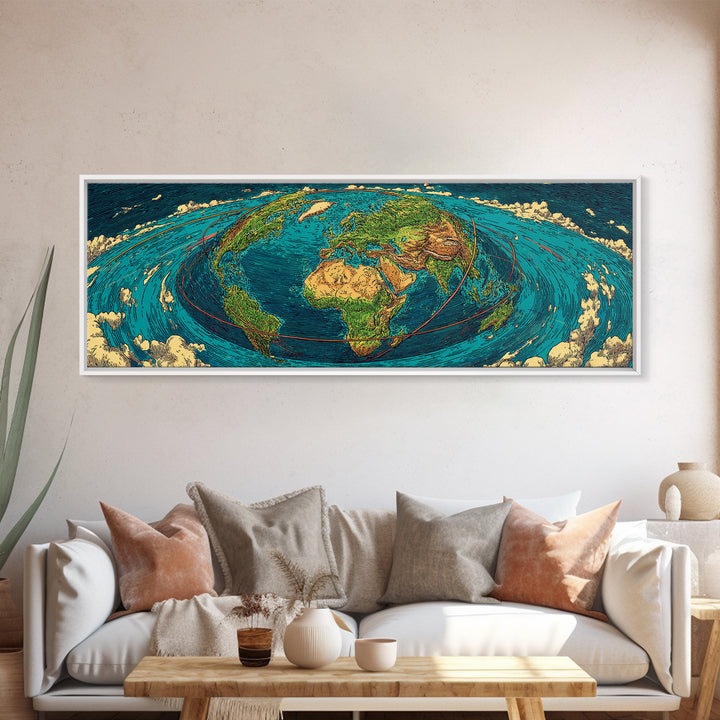 Turquoise Fisheye World Map Canvas Print, Panoramic Travel Wall Art, Modern Home Decor, Office Poster, Blue Green Artwork
