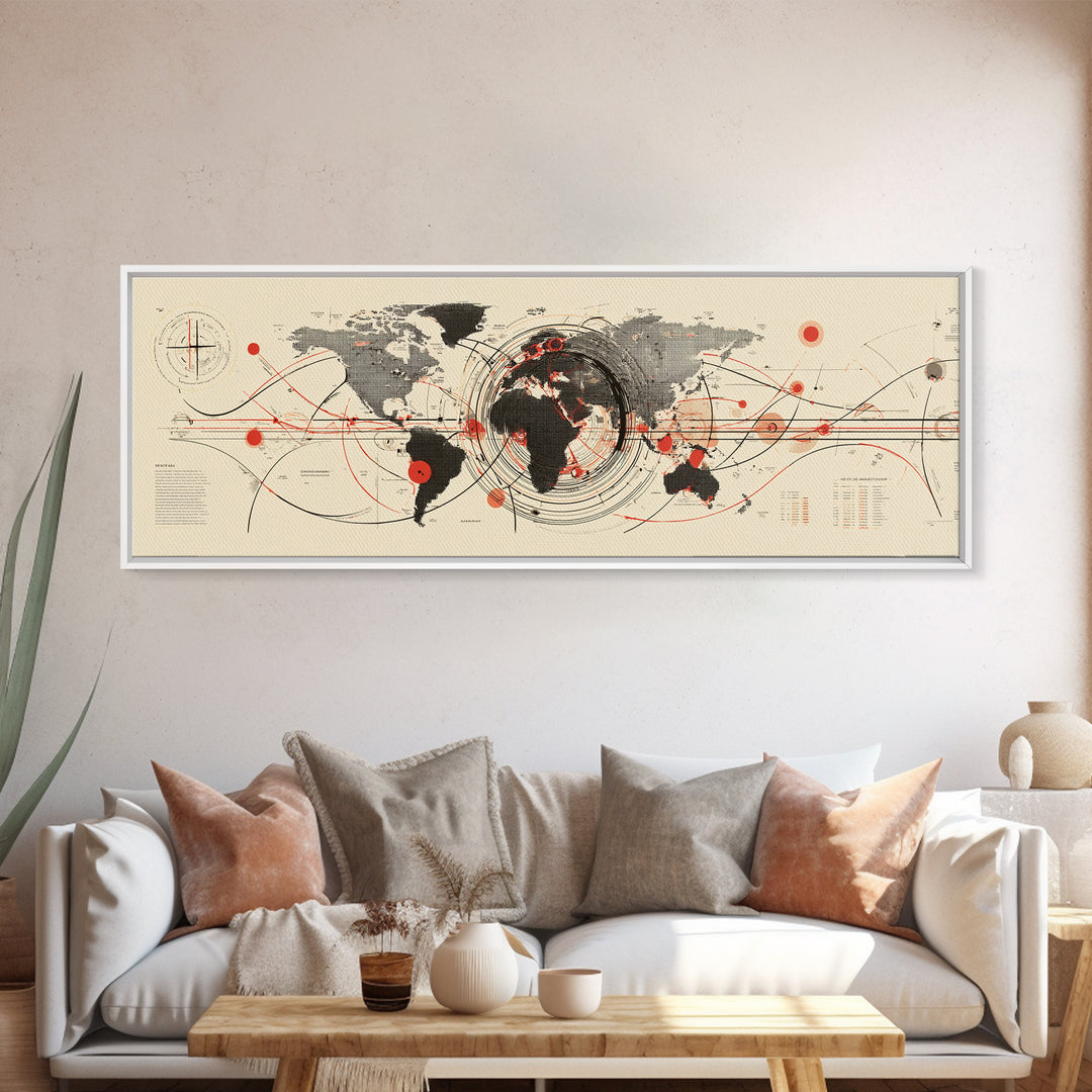 Abstract World Map With Red Orbit Lines Wall Art, Midcentury Modern Art Print, Office Decor, Home Decor, Geometric Travel Poster