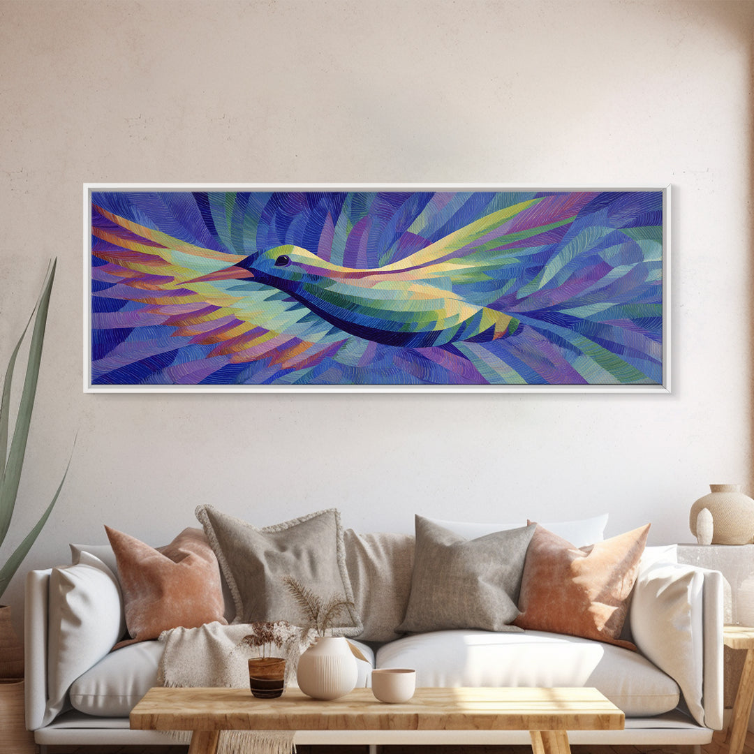 Blue Purple Hummingbird In Flight Canvas Print, Colorful Modern Wall Art, Midcentury Bird Poster, Vibrant Bedroom Decor Print