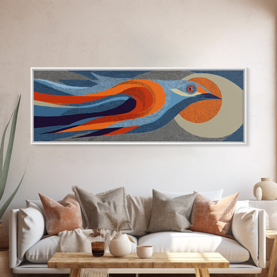 Orange Blue Streamline Bird Canvas Print, Retro Midcentury Wall Art, Geometric Wildlife Poster, Modern Home Decor For Living Room