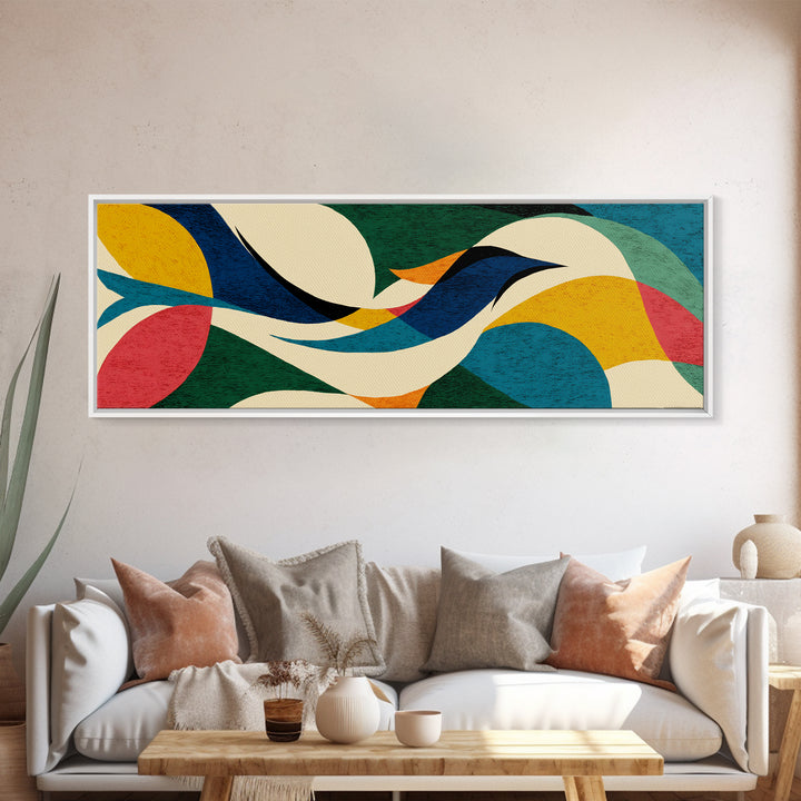 Cream Teal Abstract Flying Bird Wall Art, Midcentury Modern Canvas Print, Colorful Geometric Poster, Boho Home Decor Print Gift
