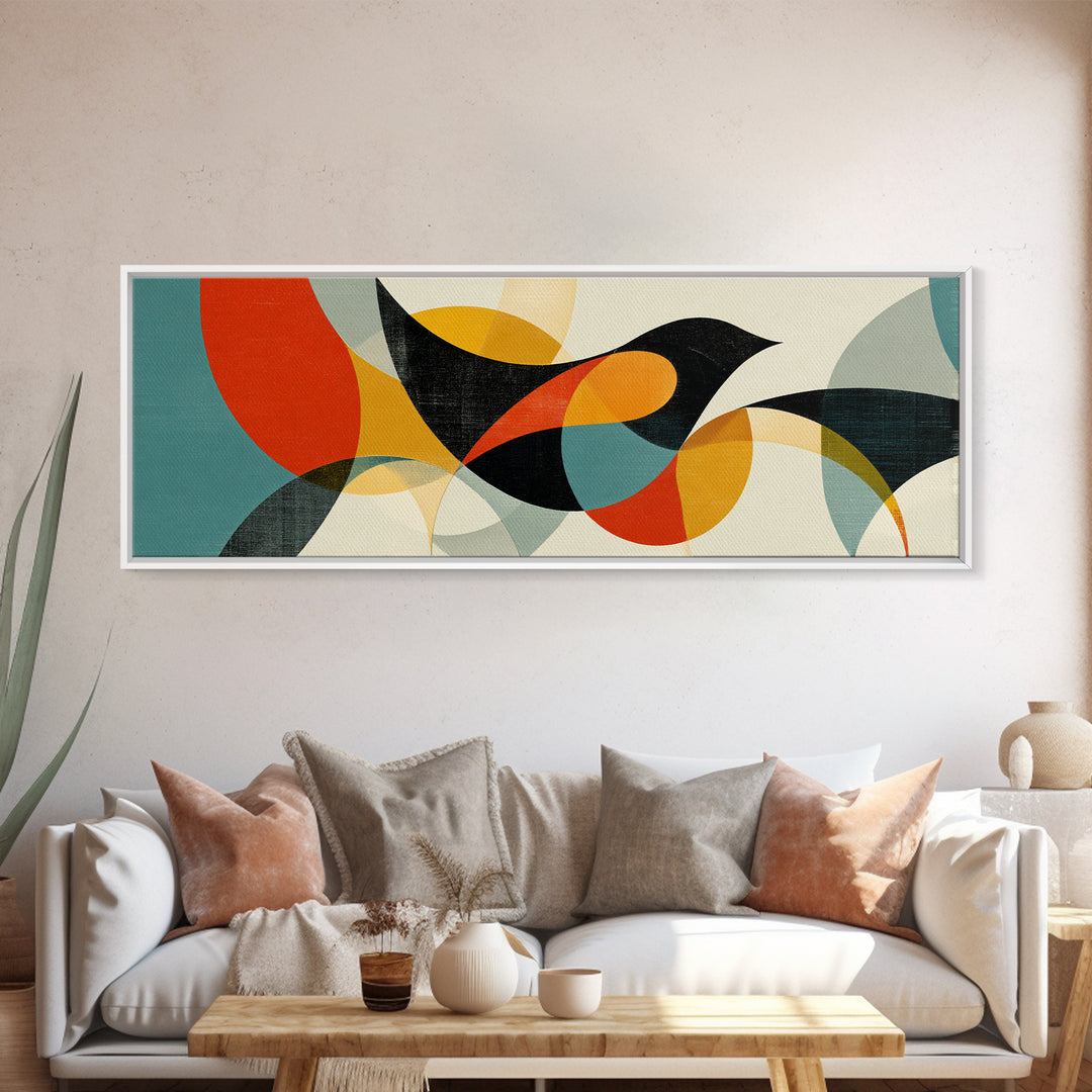 Black Bird With Transparent Circles Wall Art, Midcentury Modern Canvas Print, Abstract Geometric Poster, Retro Home Decor