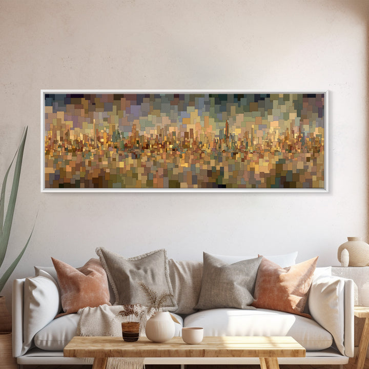 Golden Abstract City Reflection Wall Art, Modern Urban Panorama Print, Midcentury Modern Decor, Large Living Room Art Decor