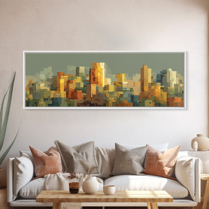 Sage Green Abstract City Skyline Framed Canvas Print, Midcentury Modern Wall Art, Urban Home Decor, Office Art Print Gift