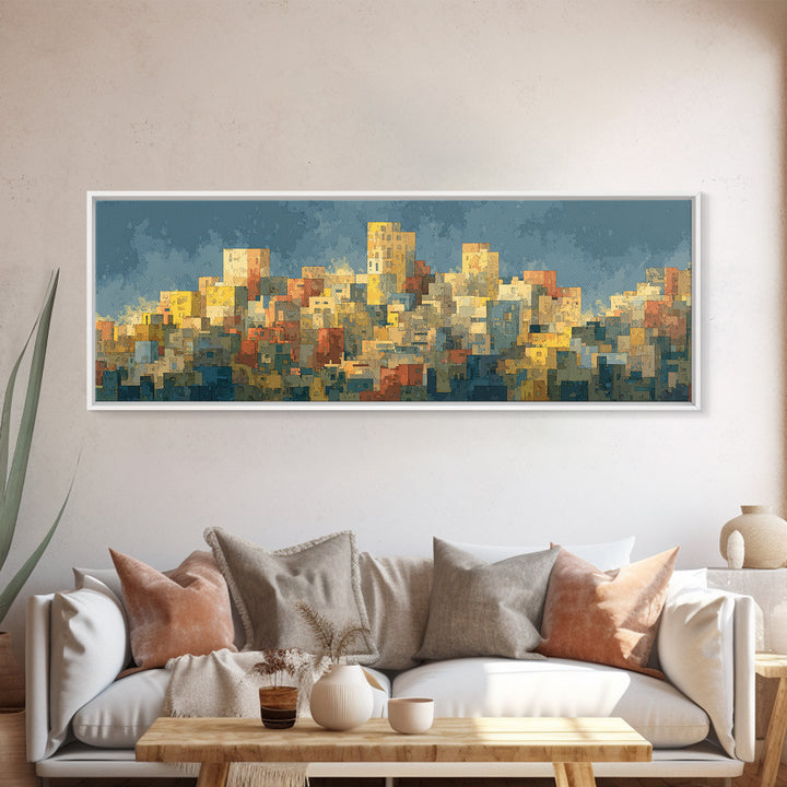 Sunlit Abstract City Skyline Wall Art, Blue And Yellow Urban Print, Midcentury Modern Decor, Living Room Office Art Decor
