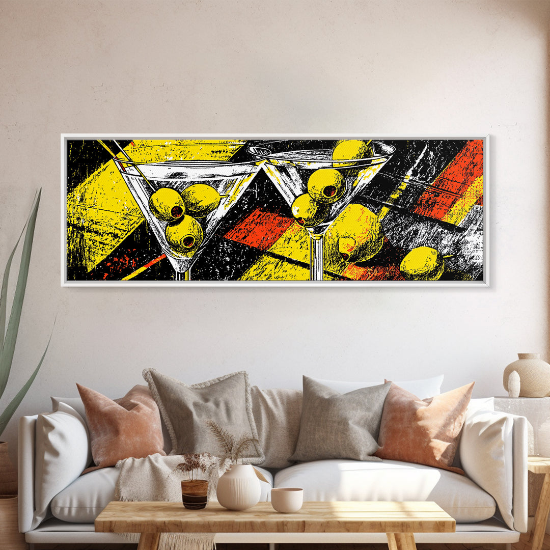 Bold Martini Glasses And Olives Wall Art, Retro Modern Cocktail Bar Decor, Yellow Black MCM Kitchen Poster Print For Lounge Decor