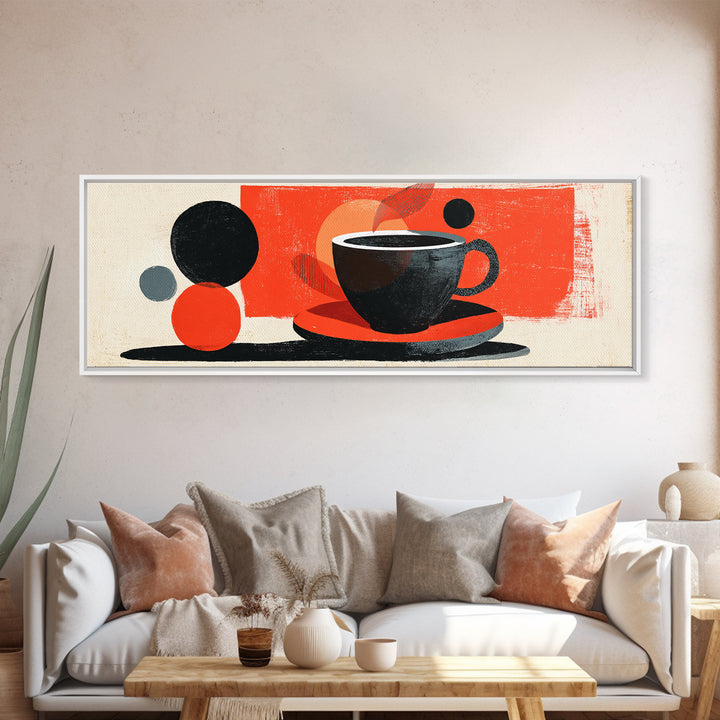 Minimal Black Coffee Cup With Red Circles Wall Art, Bauhaus Modern Kitchen Decor, Midcentury Abstract Cafe Poster Print Gift