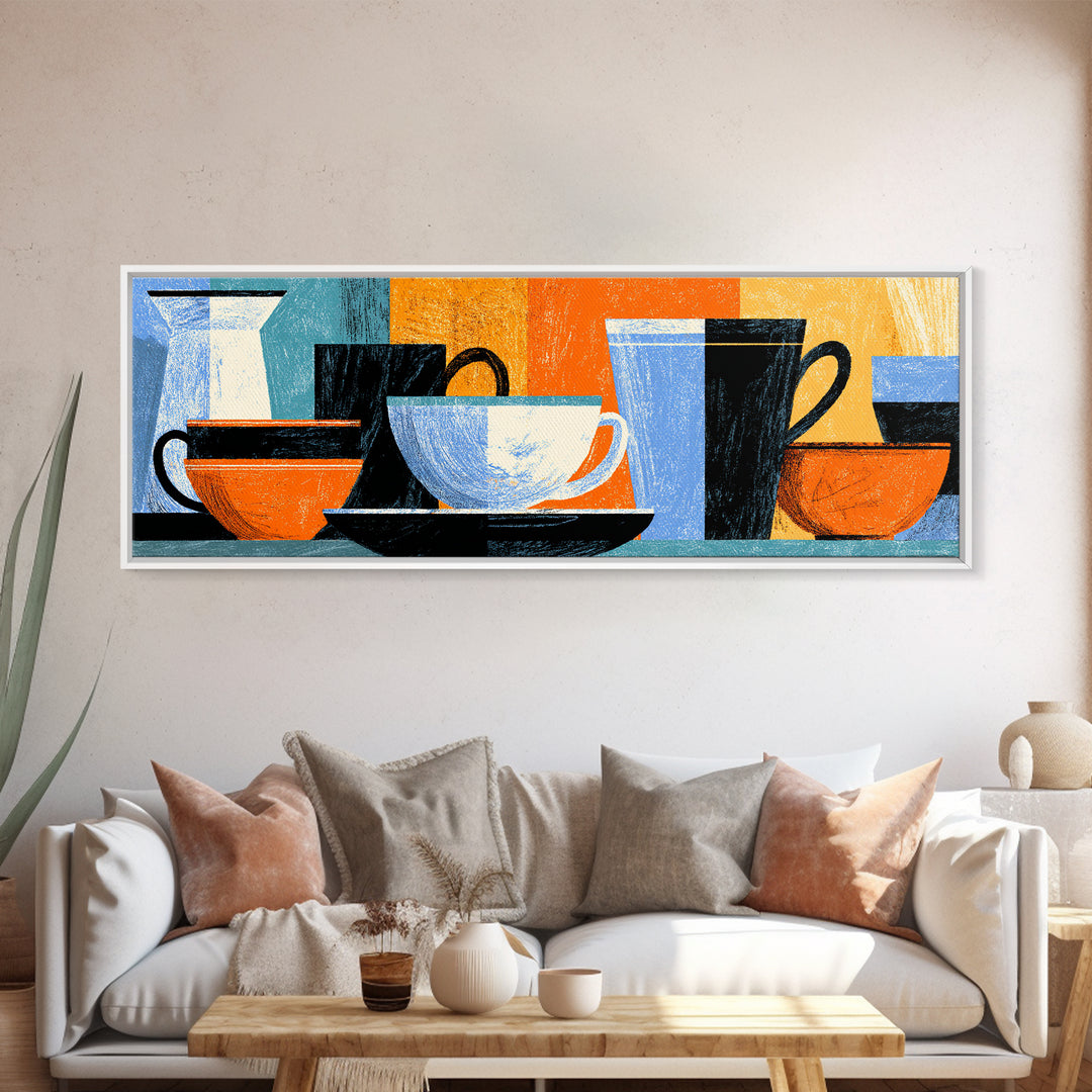 Modern Coffee Cups And Bowls Framed Canvas Print, Retro Kitchen Wall Decor, Midcentury Geometric Cafe Art For Dining Room