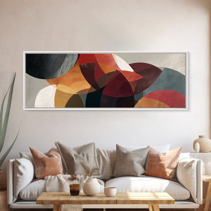 Layered Red Orange Abstract Circles Wall Art, Midcentury Modern Art Print, Geometric Retro Decor, Living Room Canvas Artwork
