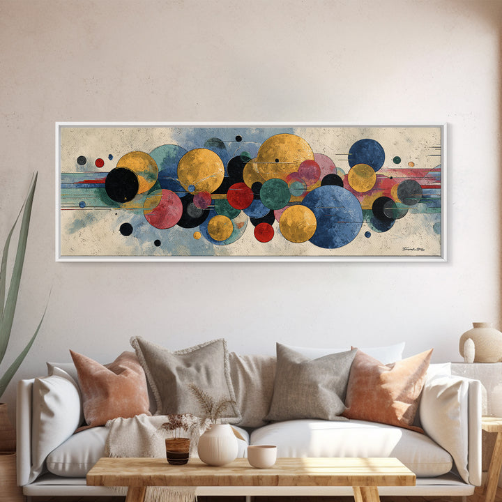 Colorful Floating Circle Abstract Canvas Print, Midcentury Modern Wall Art, Geometric Poster, Office Living Room Decor Gift