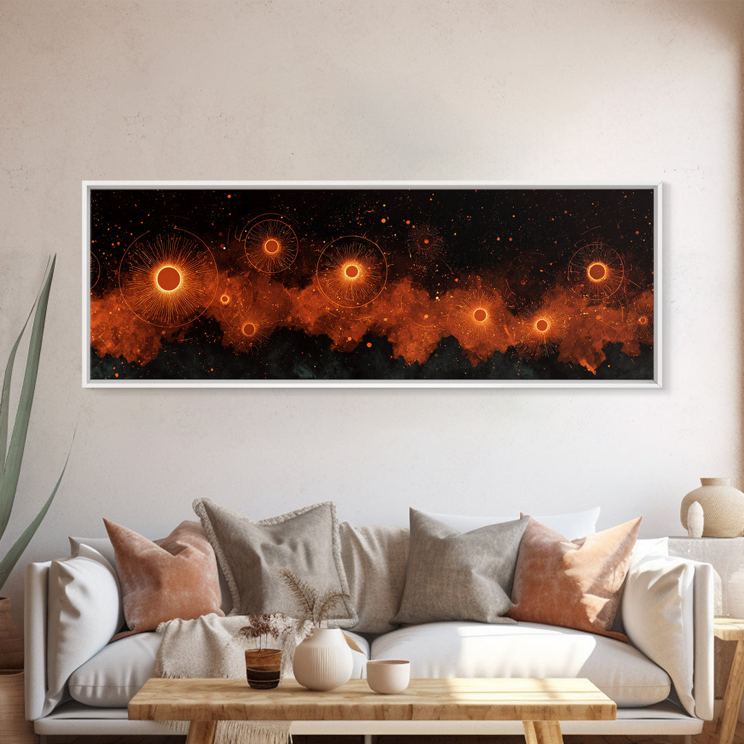 Glowing Orange Cosmic Suns Canvas Print, Space Abstract Wall Art, Modern Retro Poster, Moody Bedroom Office Decor Artwork
