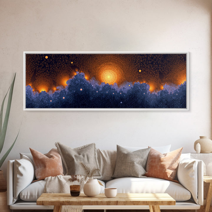 Golden Sun Over Blue Forest Wall Art, Cosmic Nature Canvas Print, Modern Abstract Poster, Moody Bedroom Office Decor Artwork