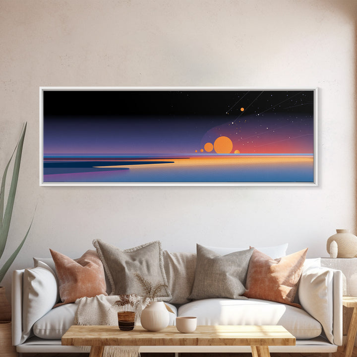 Minimalist Horizon With Orange Planets Wall Art, Retro Futuristic Canvas Print, Modern Space Poster, Office Bedroom Decor