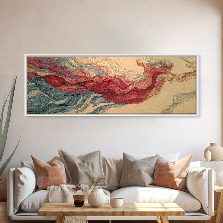 Red Blue Topographic Abstract Landscape Wall Art, Modern Canvas Print, Geometric Line Poster, Contemporary Office Decor Artwork