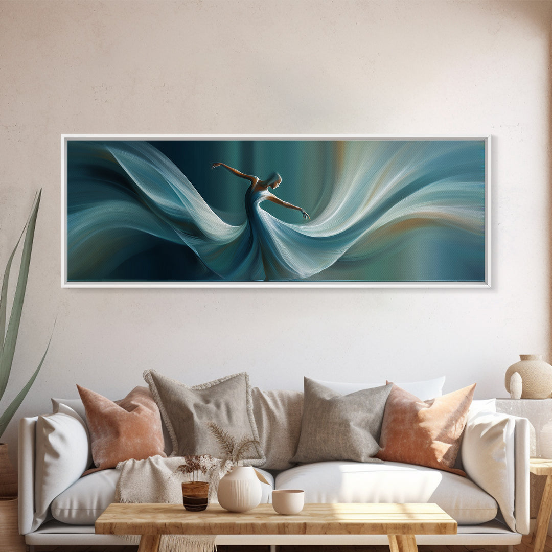 Graceful Dancer In Flowing Teal Dress Canvas Print, Elegant Modern Wall Art, Figurative Movement Poster, Bedroom Decor Gift