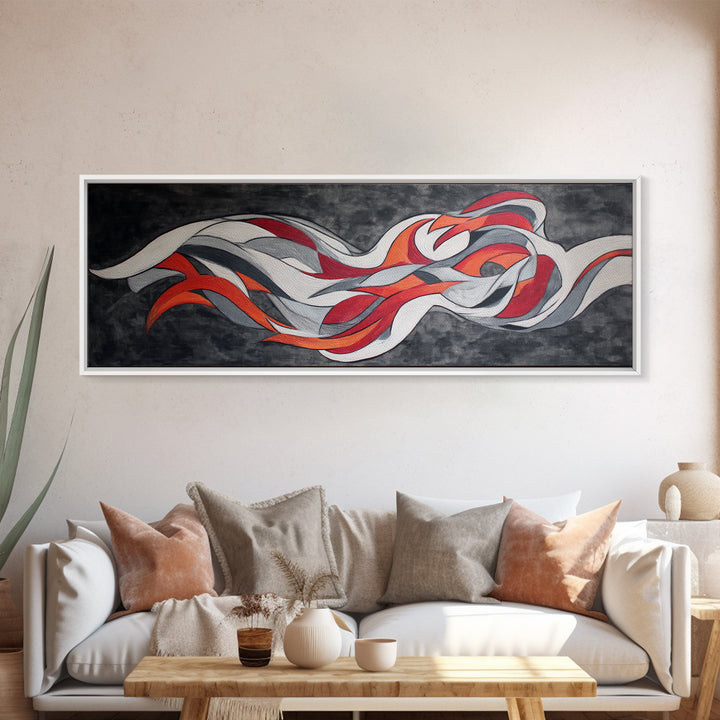 Flowing Red White Silver Ribbons Wall Art, Abstract Midcentury Modern Canvas Print, Retro Mcm Decor, Large Horizontal Art