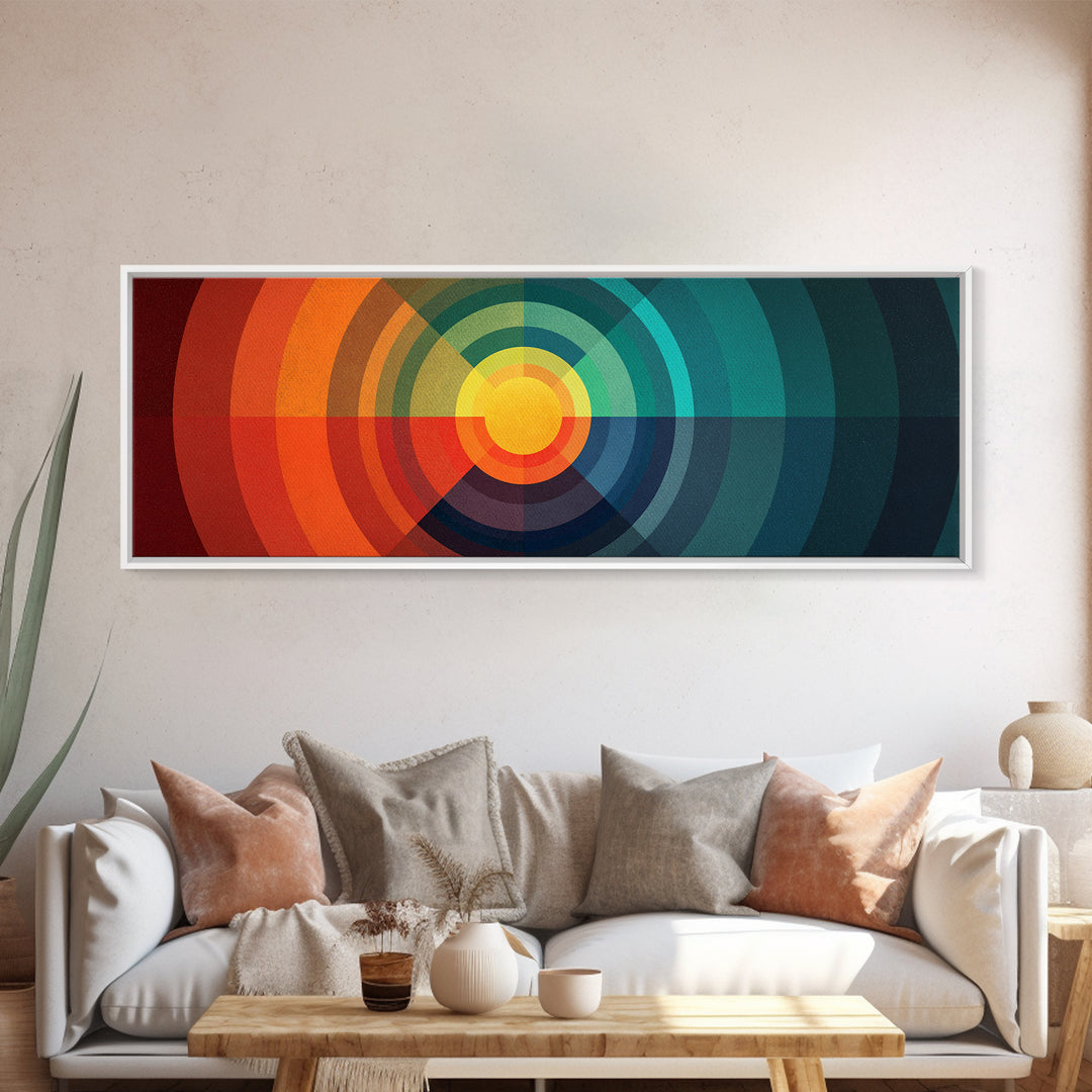 Rainbow Concentric Sunburst Canvas Print, Midcentury Modern Wall Art, Geometric Retro Poster, Colorful Bauhaus Home Decor