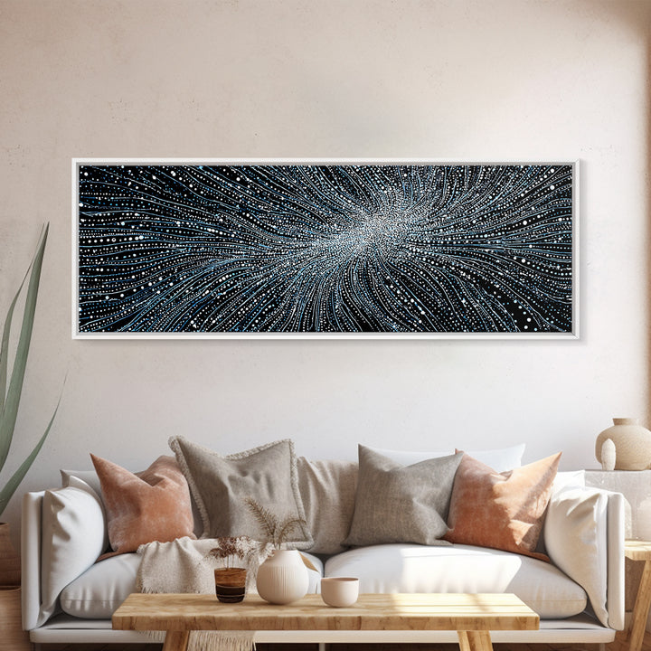 Blue White Particle Wave Canvas Print, Modern Abstract Wall Art, Digital Motion Poster, Sci Fi Space Decor For Home Office