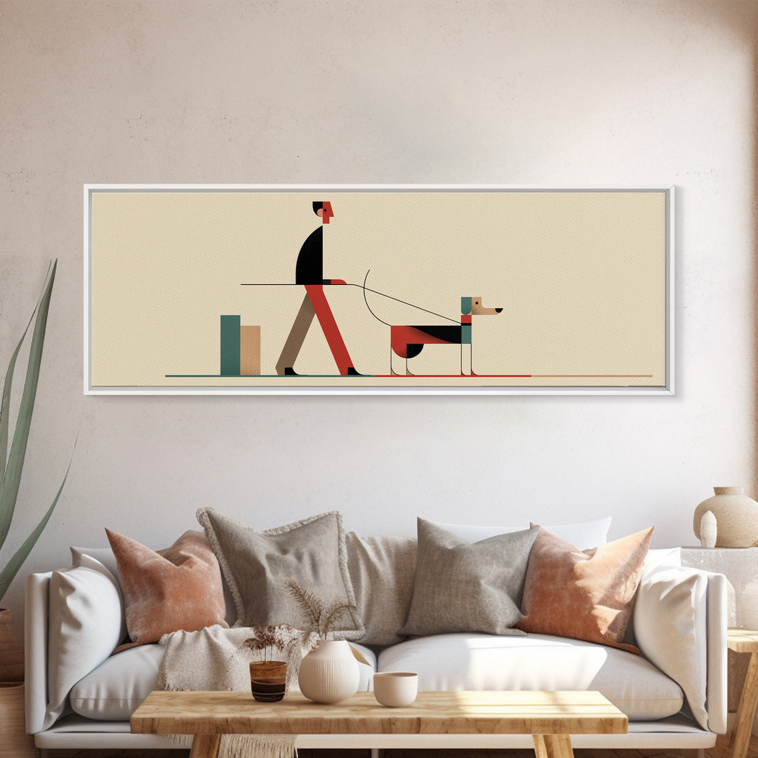 Minimal Man Walking Dog Framed Canvas Print, Mid Century Modern Art, Scandinavian Modern Wall Decor, Geometric Home Decor