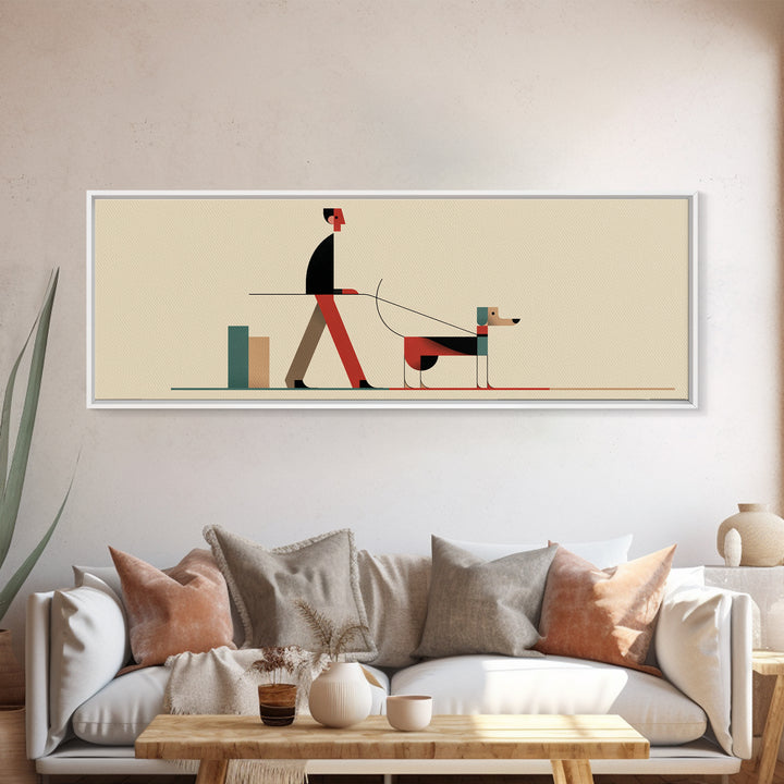 Minimal Man Walking Dog Framed Canvas Print, Mid Century Modern Art, Scandinavian Modern Wall Decor, Geometric Home Decor