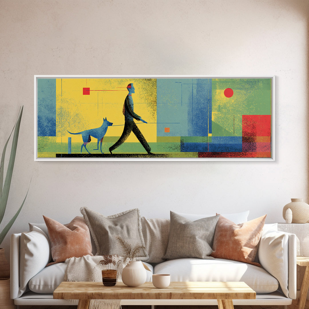 Textured Blue Dog Walker Wall Art, Mid Century Modern Canvas, Colorful Geometric Poster, Retro Abstract Living Room Decor