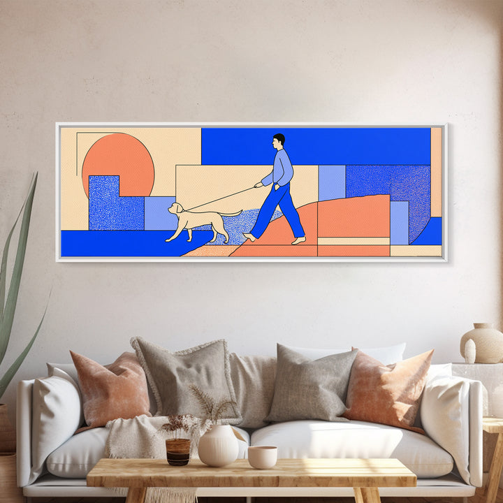 Minimal Blue Dog Walker Wall Art, Mid Century Modern Print, Scandinavian Geometric Decor, Coral Blue Home Office Art, Apartment Decor