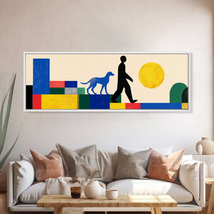 Sunny Geometric Dog Walker Wall Art, Mid Century Modern Canvas Print, Bold Primary Color Decor, Retro MCM Living Room Art