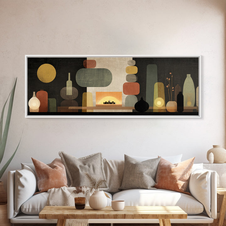 Glowing Fireplace Vessels Canvas Print, Midcentury Modern Wall Decor, Retro Abstract Art For Living Room, Office Decor, And Home Decor